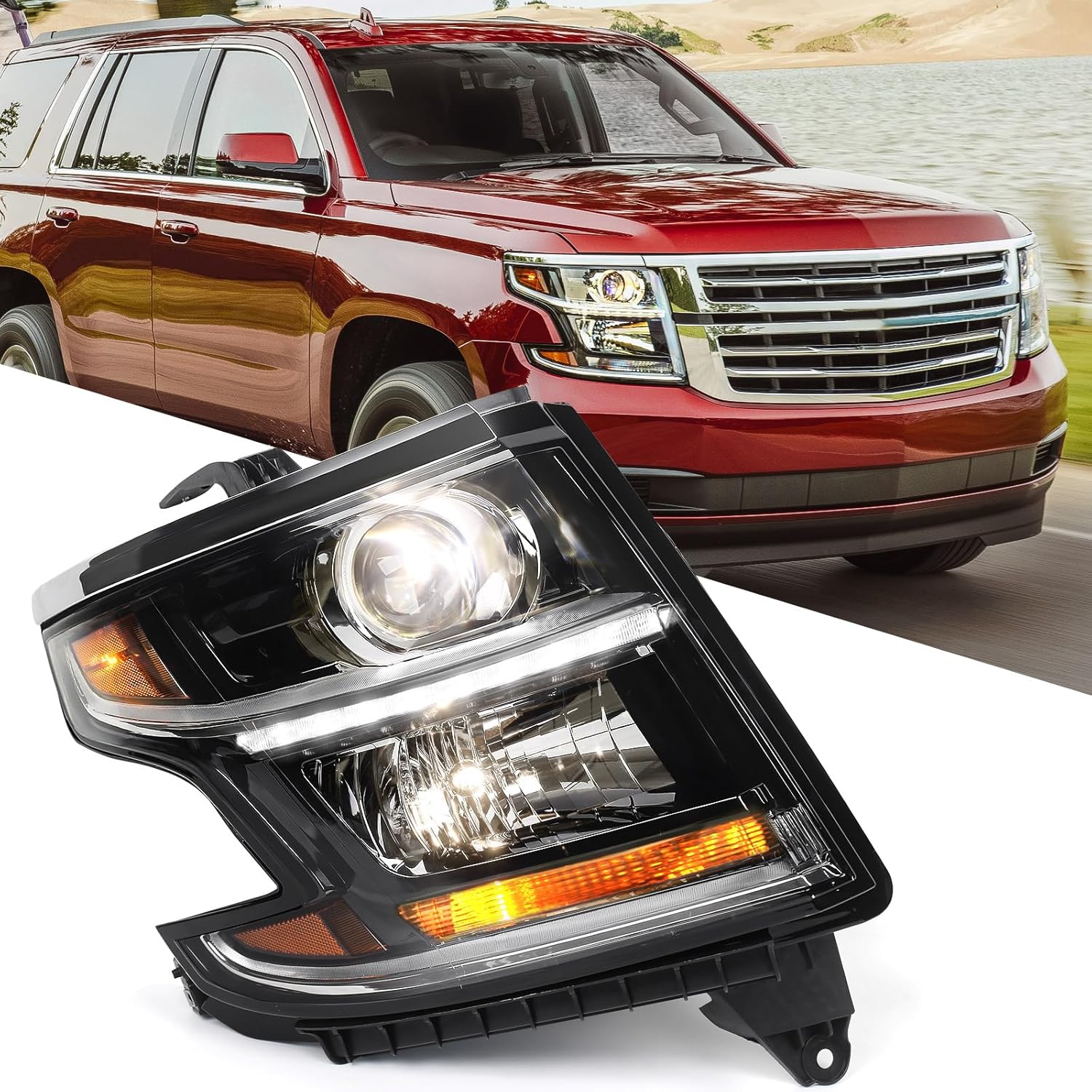 Huray HID Headlight Assembly Fit for Chevy Tahoe/Suburban 2015-2020 RH OE Projector Xenon Headlamp w/Bulbs for Chevrolet Tahoe